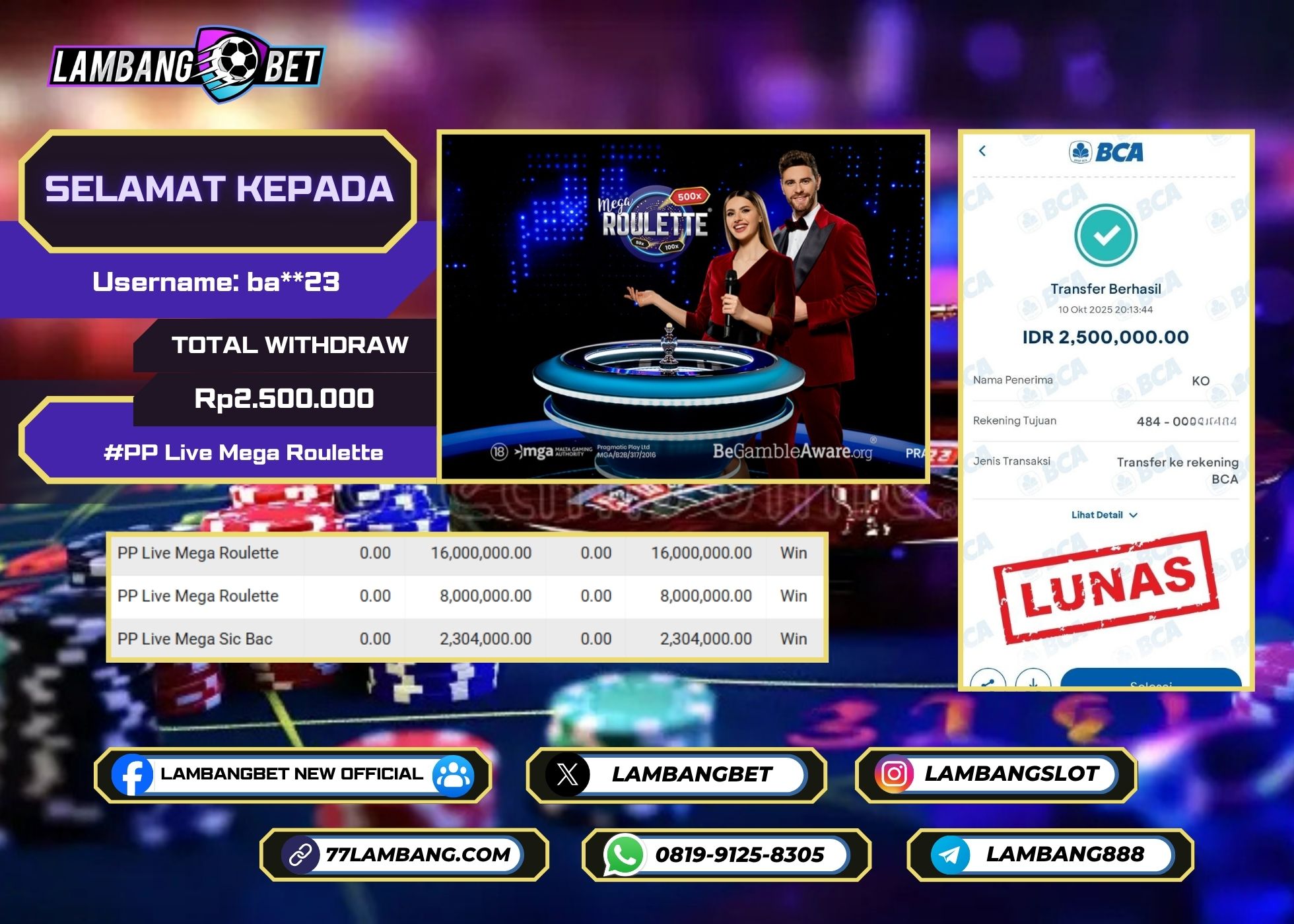 LAMBANGBET [10 OKTOBER 2025] JACKPOT LIVE CASINO PP Live Mega Roulette "Rp2.500.000" LUNAS